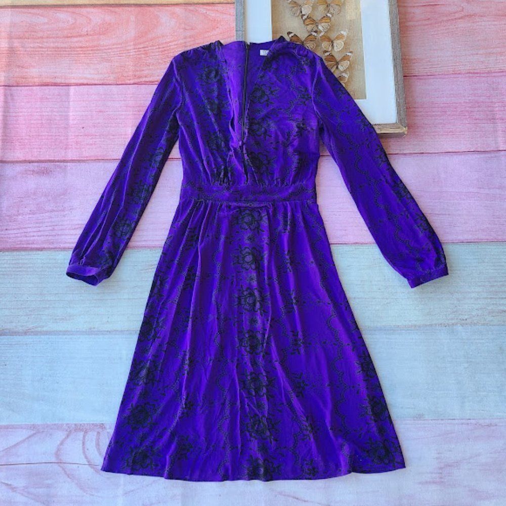 Nieves‎ Lavi New York Purple Floral Long Sleeve A-Line Midi Dress Size 4